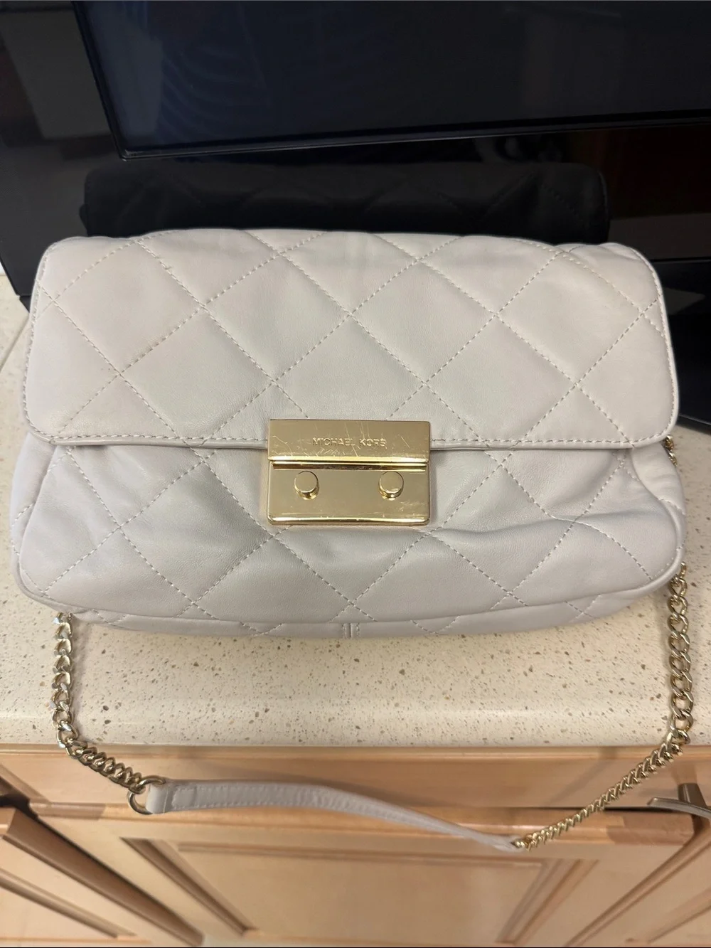 Michael Kors Quilted Light Gray Leather Crossbody with Gold Hardware
